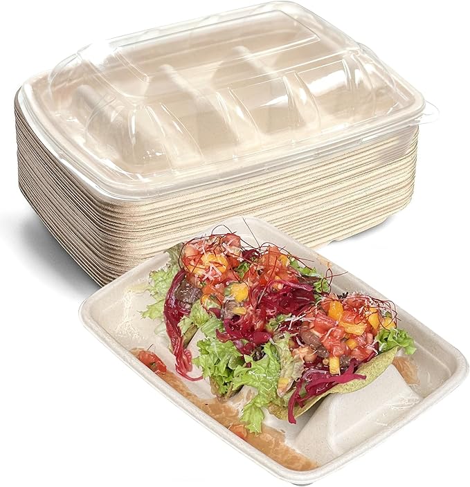 50-Pack 100% Compostable Biodegradable Paper Taco Holders, Eco-Friendly Disposable Paper Taco Tray for Taco Tuesday, Lazy Susan Taco Bar (50-Pack with lids)