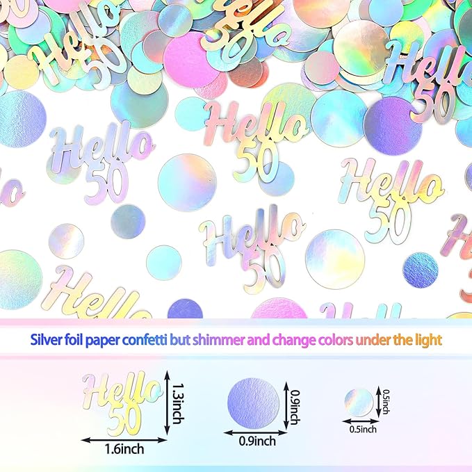 Hello 50 Birthday Confetti for Table Iridescent Circle Happy 50th Birthday Party Decorations for Women Fifty Years Old Birthday Tables Scatter Party Confetti Wedding Anniversary Decor 300PC