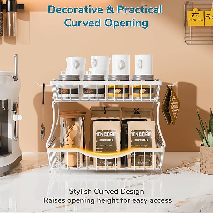 Large 2-Tier Fruit Basket for Kitchen Counter with 2 Banana Hangers – Metal Fruit Bowl for Onion, Vegetable, Snacks, Breads Storage – Countertop Organizer – White