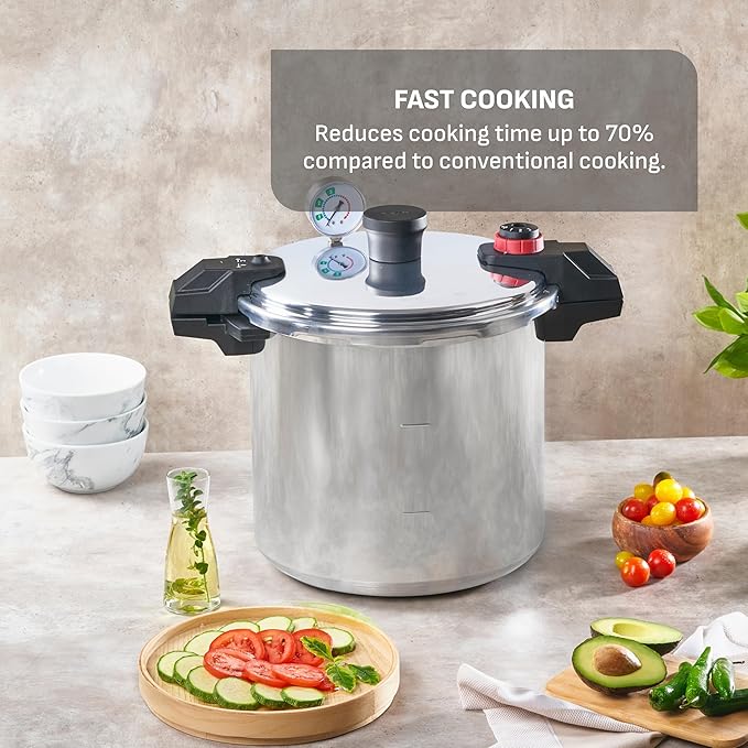 T-fal Pressure Cooker Aluminum Pressure Canner, 22 Quart, 3 PSI Settings, Cookware, Pots and Pans, Large Capacity, Cooling Racks, Recipe Booket, Canning Vegetables, Meats, Poultry, Seafood, Silver