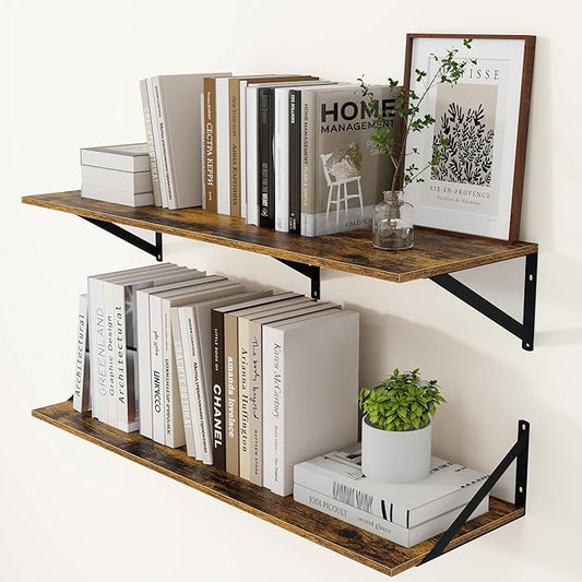 Heimlove Deep Floating Shelves for Wall, 36W x 12D Wood Wall Shelves Set of 2, Wide Floating Bookshelf for Living Room, Kitchen, Office, Bedroom and Decor Storage, with Metal Bracket - Rustic Brown