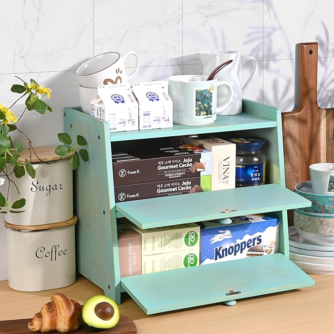 Vintage Double Layer Bread Box for Kitchen Countertop, Bamboo Bread Storage Container, Breadbox for Homemade Bread, Large Capacity Bread Bin(Green)