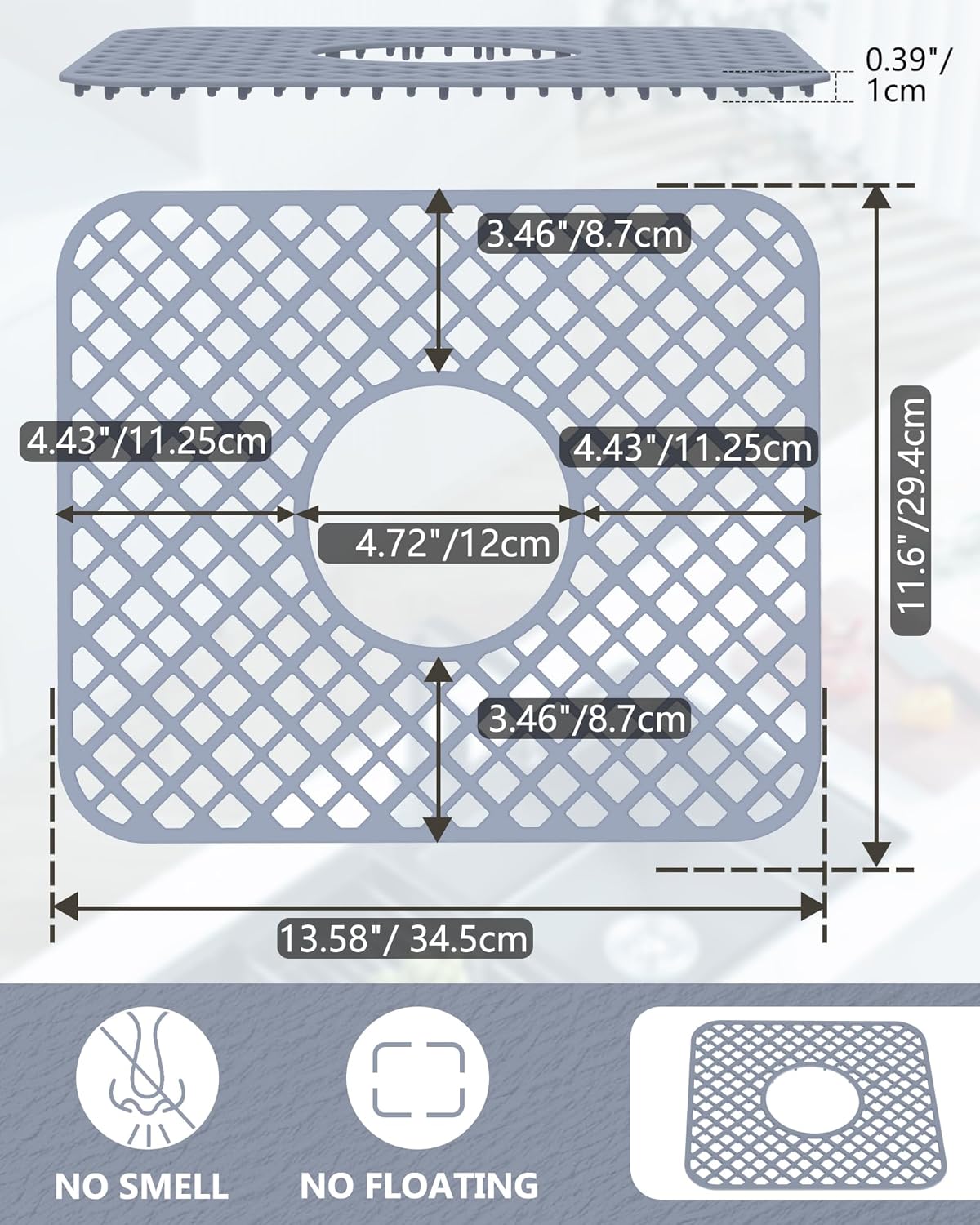 2 Pack Silicone Sink Protector for Kitchen Sink, Lozenge Pattern 13 x 11 inches Sink Grid Mat Silicone Protectors, Center Drain, Gray
