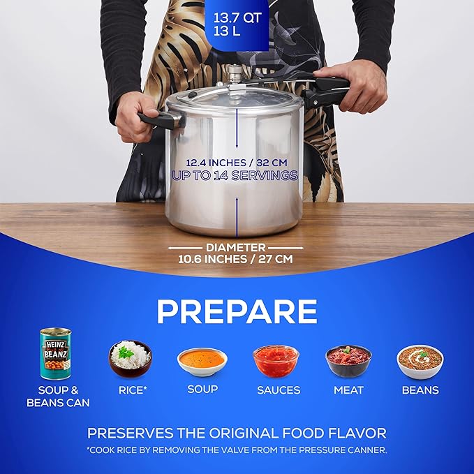 Universal (13.7 Quart / 13 Liter) Pressure Cooker, 14 Servings, Aluminum Pressure Cooker With Multiple Safety Systems and Heat Resistant Handles For Stews, Soup, Meat, and Beans