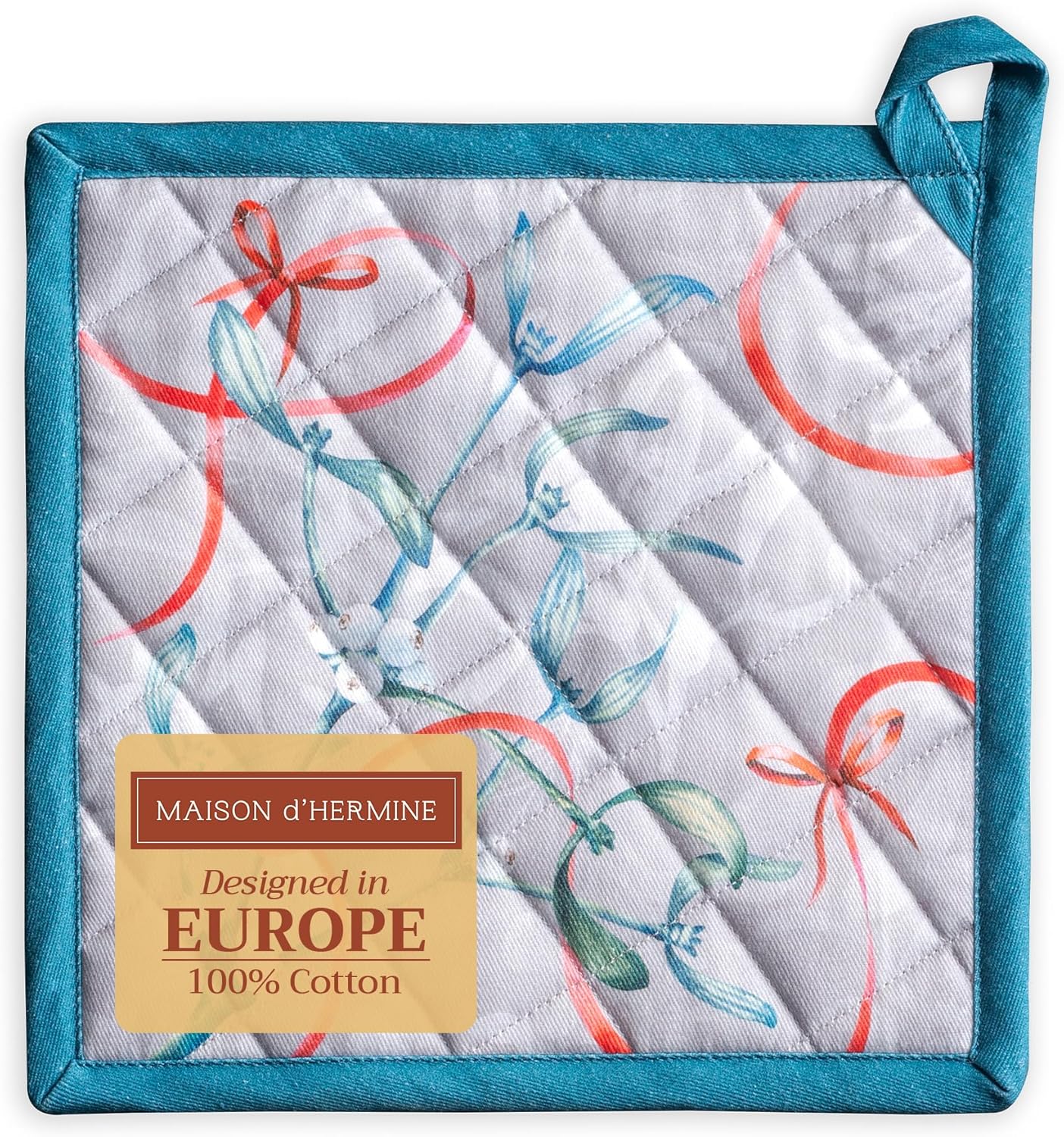 Maison d' Hermine Pot Holders Set 100% Cotton Heat Resistant Potholders 8" x 8" Hot Pads with Loop BBQ, Cooking, Baking, Grilling, Kitchen, Handling Hot Pans (Pack of 1, Enora)