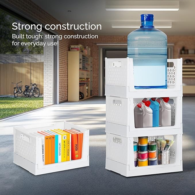 Skywin TidyFriend Stackable Storage Bins with Wheels, 3 Pack Foldable Storage Bins Box, Plastic Shelves Drawer Organizer Container for Closet Office Bedroom Kitchen Bathroom (Ivory)