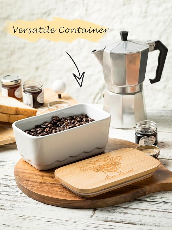 Covered Butter Dish for Countertop, Ceramic Butter Dish with Wooden Lid Airtight Butter Holder Container, Vintage HoneyBee Kitchen Decor, White