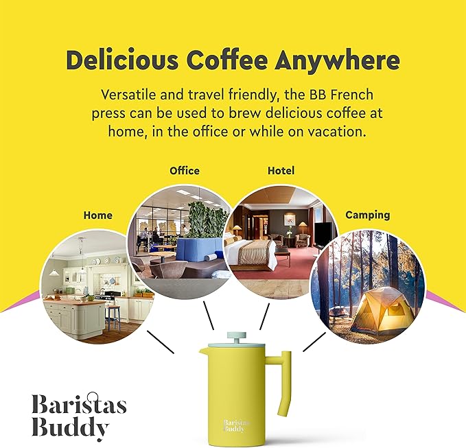 Yellow French Press Coffee Maker - Colorful, Retro And Stylish Insulated Coffee Brewer - Large Size Brews 4 Cups