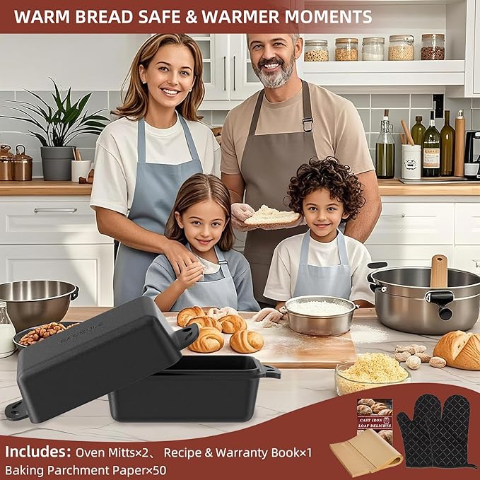 9×5 Inch Cast Iron Loaf Pan with Lid, 2 in 1 Loaf Bread Baking Pans for Homemade Bread, 2 Piece Set