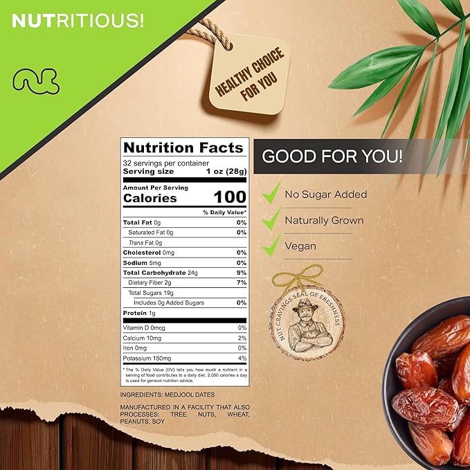 NUT CRAVINGS - Sun Dried Jumbo Medjool Dates, No Sugar Added (32oz, 2 LB) Bulk Dry Fruits Packed Fresh in Resealable Bag - Sweet Healthy Snack, Naturally Grown, Vegan, Kosher