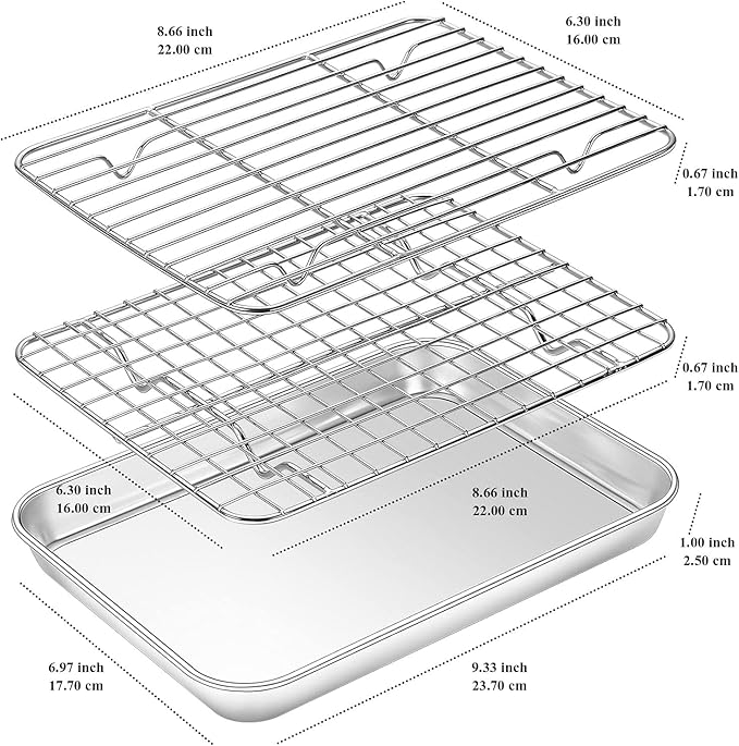 Baking Sheet with Rack Set, Yododo Set of 4 (2 Sheets + 2 Racks), Stainless Steel Cookie Sheet Baking Pan Tray with Cooling Rack, Non Toxic & Heavy Duty & Easy Clean - Size of 9 inch