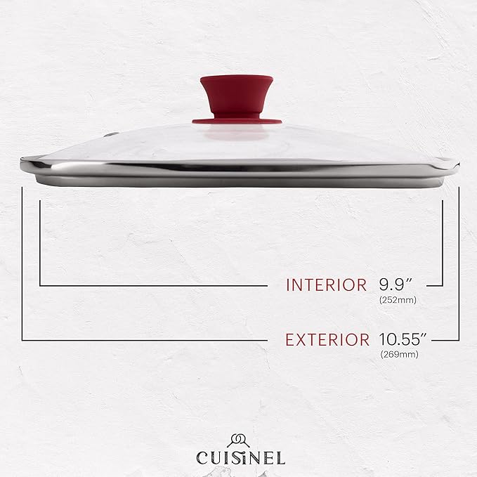 Cuisinel Square Glass Lid for Grill Pans with Steam Vent Hole - 10.5"-inch/26.67cm - Fits Lodge Cast Iron - Fully Assembled Universal Replacement Cover - Tempered and Oven Safe - Reinforced Stainless