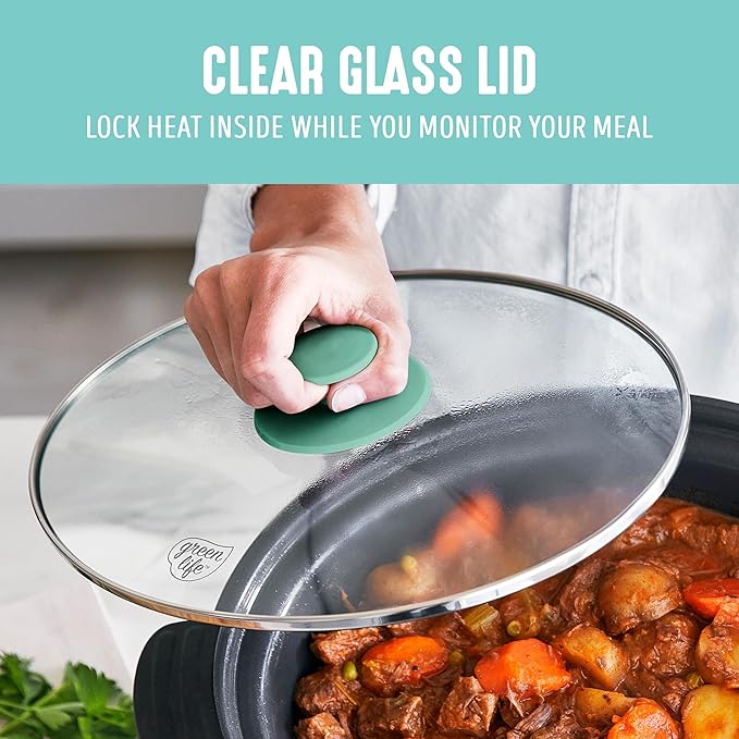 GreenLife 6 Quart Ceramic Slow Cooker, PFAS-Free, Programmable, Removable Healthy Nonstick Pot for Family Meals, Sear on Stovetop, Keep Warm, Digital Timer, Dishwasher Safe Glass Lid, Turquoise