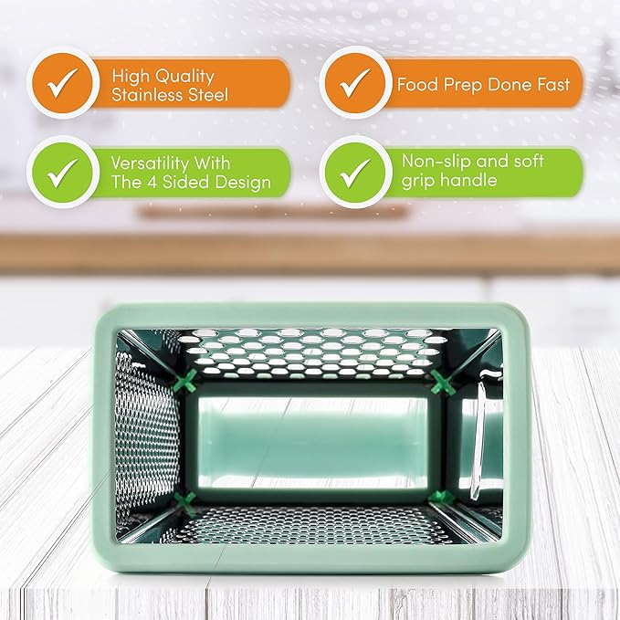 Spring Chef Professional 10" Stainless Steel Parmesan Cheese Grater with Handle, 4 Sided Handheld Box Grater, Kitchen Potato Shredder for Hash Browns, Hard Cheese, Ginger, Vegetables, Carrot - Mint
