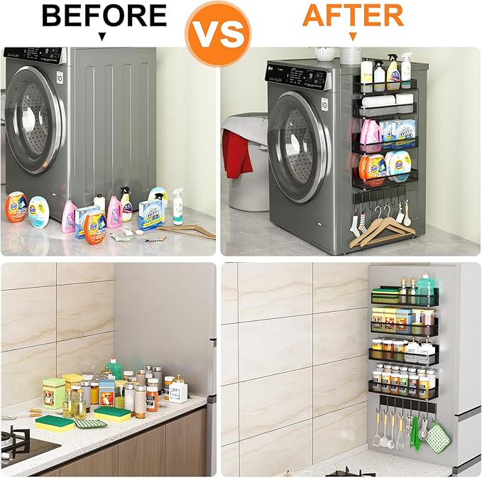 Magnetic Spice Rack for Refrigerator, 5 Pack Magnetic Shelf, Moveable Magnetic Fridge Organizer with 8-Hook Rack, Seasoning Organizer for Kitchen Organization and Storage (5 Pack)