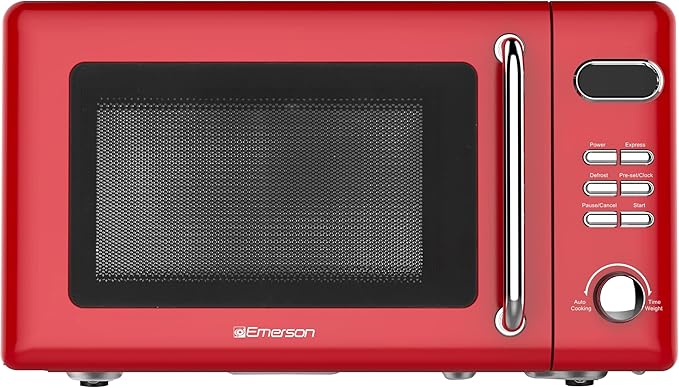 Emerson MWR7020RD Compact Countertop Microwave Oven with Button Control, LED Display, 700W 5 Power Levels, 8 Auto Menus, Glass Turntable and Child Safe Lock, 0.7, Retro Red