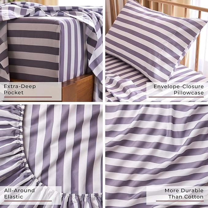 Mellanni Twin Sheets Set - 3 PC Iconic Collection Bedding - Hotel Luxury, Extra Soft, Cooling Bed Sheets - Wrinkle, Fade, Stain Resistant (Twin, Oxford Stripe Hazy Lilac)