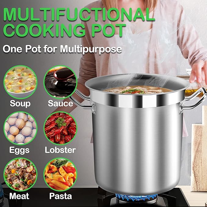 Extra-Large Stainless Steel Stock Pot – Commercial Heavy Duty Soup Pot with Lid, 3-Ply Base for Fast Heating, Ideal for Seafood Boils and Outdoor Cooking - 100 Quart