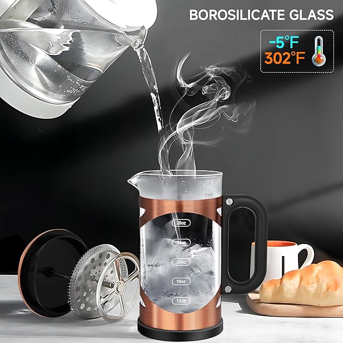 34 Ounce French Press Coffee Maker Copper Stainless Steel Coffee Press, with 4-Level Filter System, Heat Resistant Thickness Borosilicate Glass, BPA-Free Brewed Coffee Pot for Camping Gifts