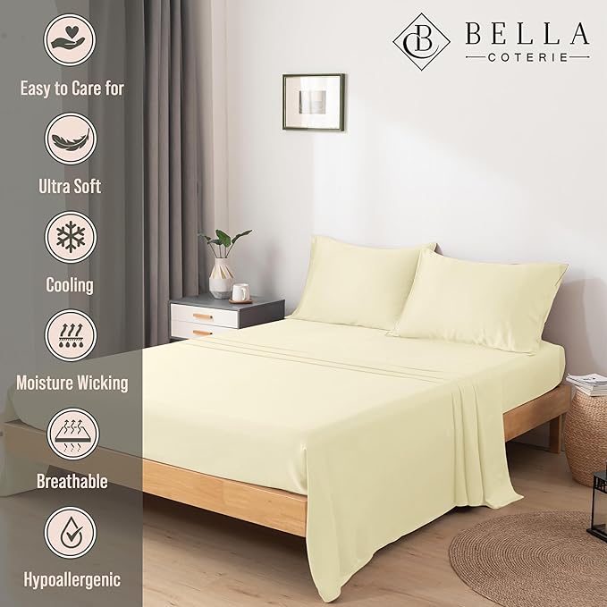Bella Coterie Luxury Bamboo Viscose Queen Size Sheet Set | 100% Organically Grown | Ultra Soft | Cooling for Hot Sleepers | 18" Deep Pocket [Lemonade]