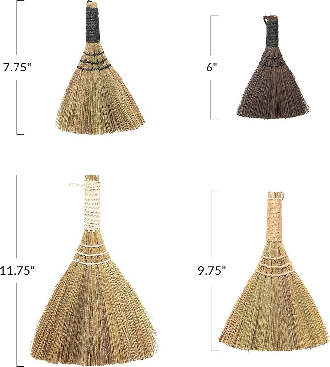Creative Co-Op Whisk Brooms with Yarn Wrapped Handles, Multi Color Neutrals, Set of 4
