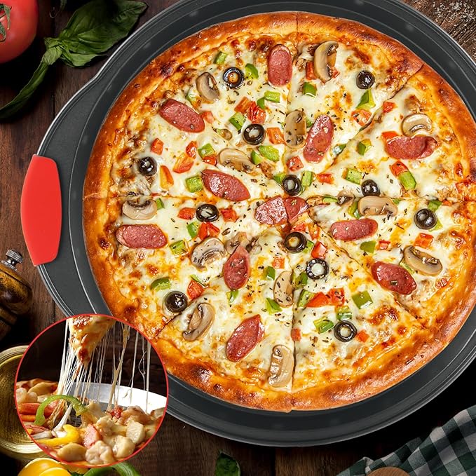 4 Pack Pizza Pan for Oven Round Pizza Pan with Holes & Handle Large Pizza Tray Set Metal Non Stick Pizza Plates Perforated Pizza Baking Sheet Carbon Steel Personal Platter for Grilling Cooking