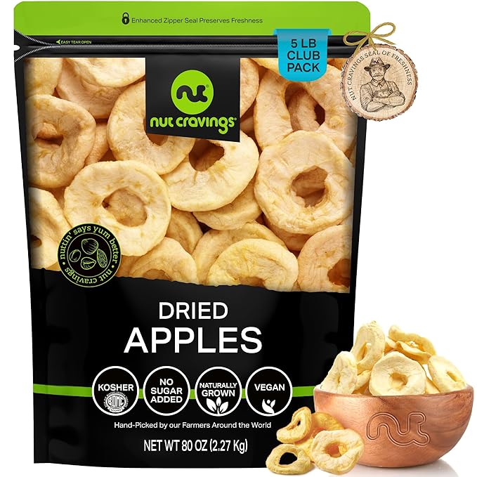 NUT CRAVINGS - Dried Apple Rings Slices, No Sugar Added - Chewy Soft Texture (80oz, 5 LB) Bulk Dry Fruits Packed Fresh in Resealable Bag - Sweet Healthy Snack, Naturally Grown, Vegan, Kosher