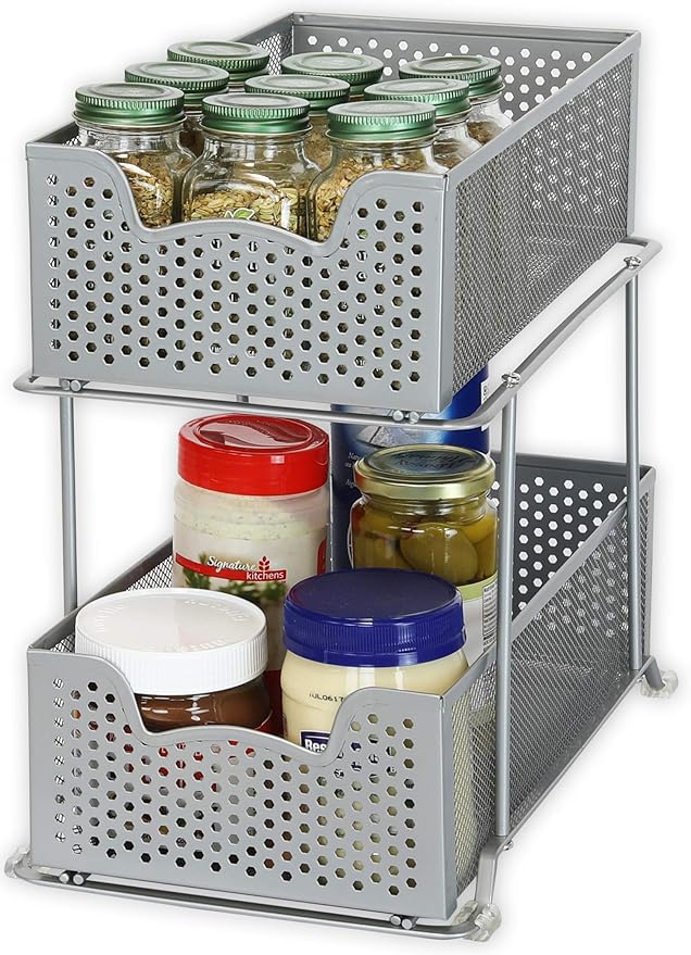 Simple Houseware 2 Tier Sliding Cabinet Basket Organizer Drawer, Silver