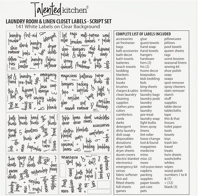 Talented Kitchen 141 Laundry Labels for Jars, Containers - Preprinted White Script Stickers for Linen Closet, Bathroom, Cleaning Supplies Organization, and Laundry Room (Water Resistant)