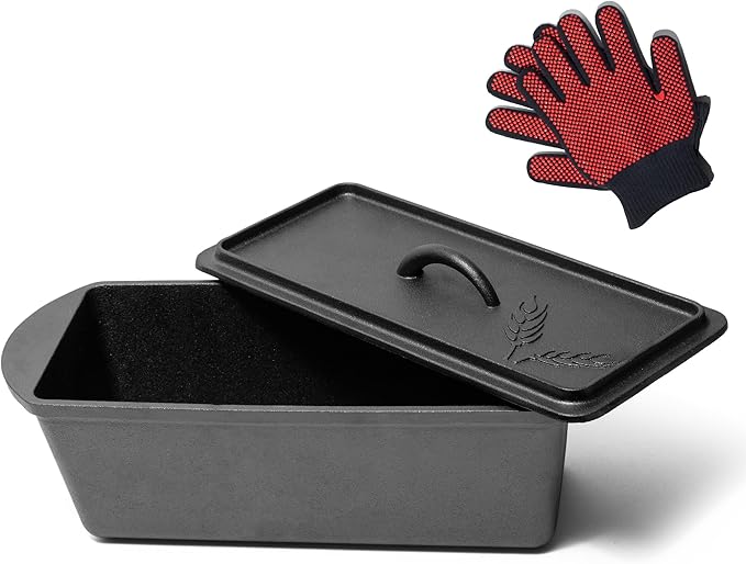 KUHA Cast Iron Bread Loaf Pan with Lid + Heat Resistant Gloves - Pre-Seasoned Cast Iron Bread Pan with Handles - Oven-safe bread pans for homemade bread - Ideal Loaf Pans for Campfire or Home Kitchen