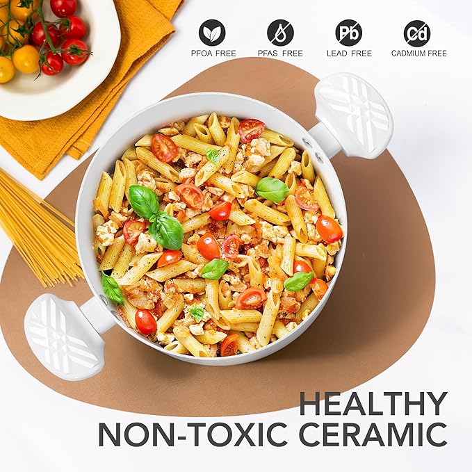 MICHELANGELO Stock Pot with Lid, 6 Quart Soup Pot with Lid, Nonstick Ceramic Cooking Pot with Stay-Cool Handle, Induction Compatible - 6QT, White