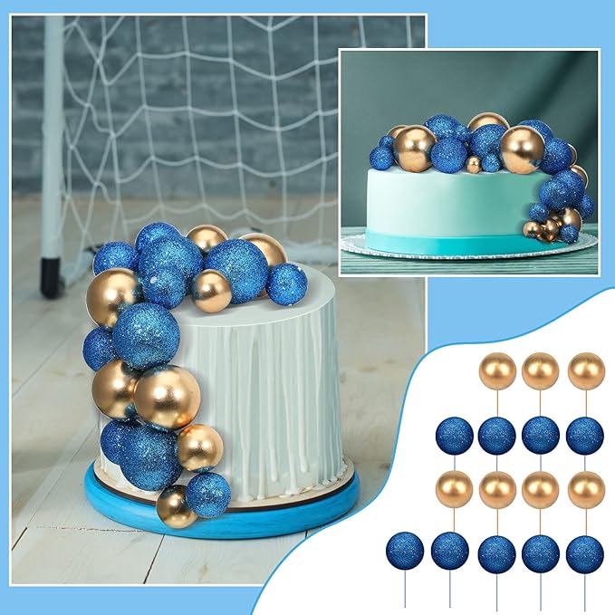 108 Pcs Balls Cake Topper DIY Cupcake Insert Foam Balloons for Cake Baking Wedding Anniversary Birthday Decoration(Bright Blue, Gold,Multi Sizes)