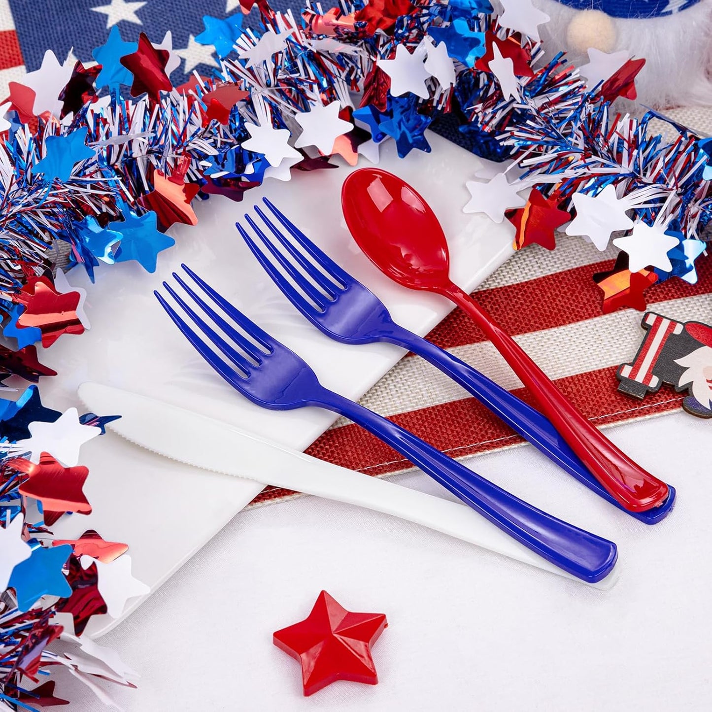Liacere 200Pcs 4th of July Red Blue Disposable Plastic Silverware-Red Blue Plastic Cutlery - American Flag Patriotic Party Supplies include 100Forks 50Spoons 50Knives for Independence Day&Memorial Day