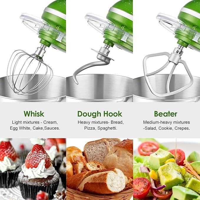 Aucma Stand Mixer,6.5QT 660W 6-Speed Tilt-Head Food Mixer, Kitchen Electric Mixer with Dough Hook, Wire Whip & Beater (Green-White, 6.5QT)