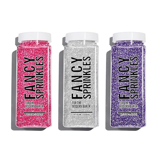 Fancy Sprinkles Total Flirt Sugar Set with Fancy Purple Tote Bag Fancy Sugar Pearlescent, Sparkly Sugar Crystals (Amethyst Purple, Tourmaline Pink and Diamond White) (8 OZ)