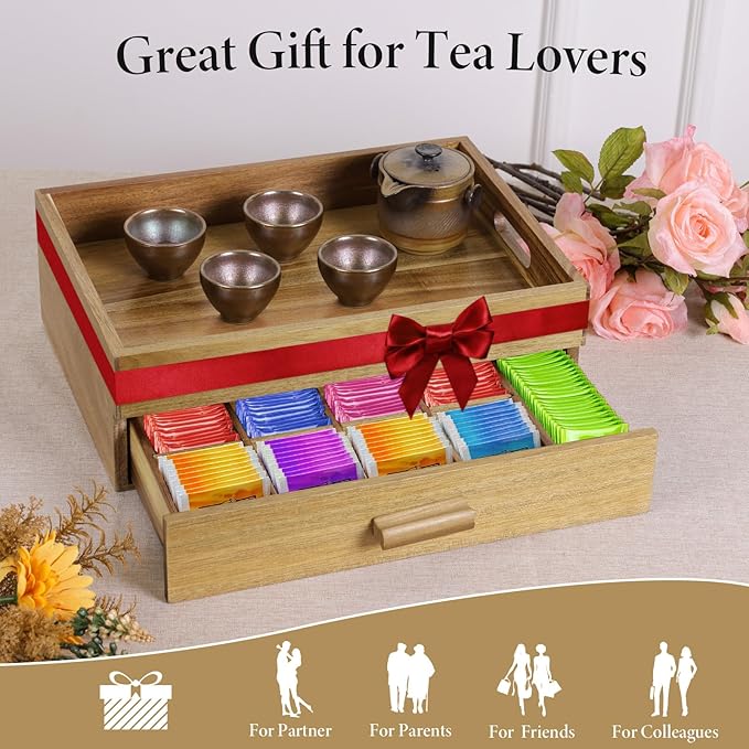 ANMINY Acacia Wood Tea Bag Organizer, Extra Large Tea Storage Box with 13 Compartments, 10MM Thick Wooden Teabag Holder Drawer Box, Tea Caddy Station Chest Containers for Countertop