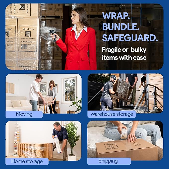 International Plastics Co. 15" Plastic Stretch Film Wrap with Tension Handles 1200ft 500% Stretch Clear Cling Durable Adhering Packing Moving Packaging Heavy Duty Shrink