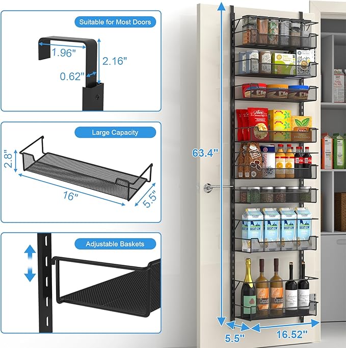 Over the Door Pantry Organizer, 8-Tier Over the Door Organizer with Adjustable Basket, Pantry Door Organization for Pantry Kitchen Storage Room Spice Rack, Black