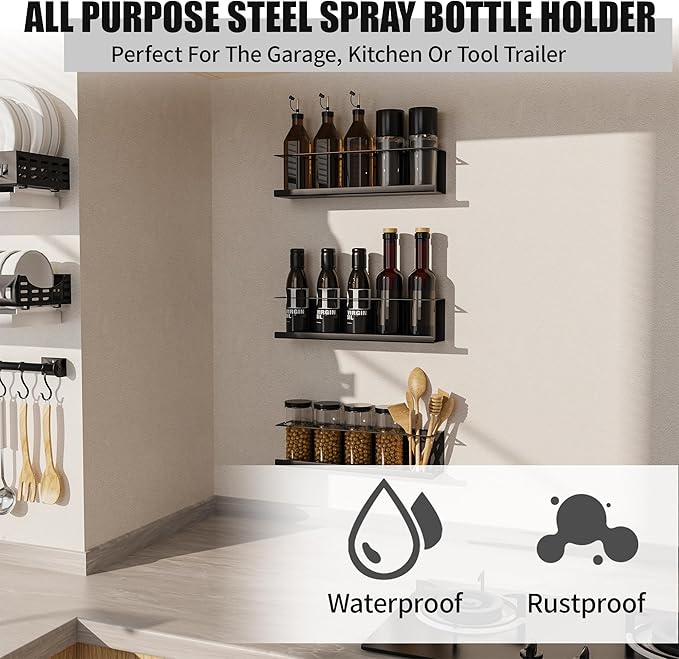 4 Pack Wall-Mounted Spray Bottle Holder, Aerosol Spray Can Holder Storage Rack, Heavy-Duty Paint Bottle Organizer With 20 Holes, Steel Black Spray Rack for Garage, Shop, Home or Tool Trailer