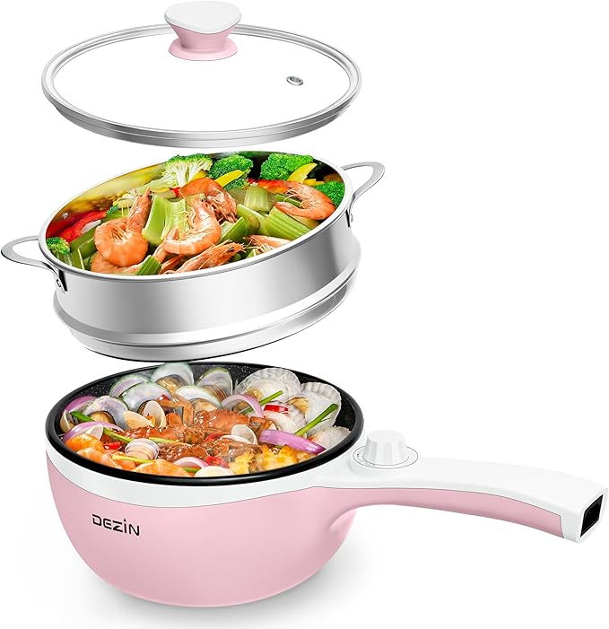 Dezin Hot Pot Electric with Steamer Upgraded, Non-Stick Sauté Pan, Rapid Noodles Electric Pot, 1.5L Mini Pot for Steak, Egg, Fried Rice, Ramen, Oatmeal, Soup with Power Adjustment
