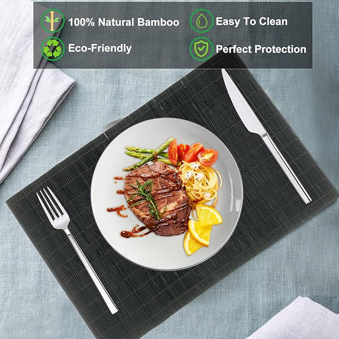 ANDSTAR Set of 8 Pcs Bamboo Placemats Sushi Rolling Mat Japanese Style Natural Anti-Slip Bamboo Placemats Washable Heat-Resistant Table Mats for Dining Room and Kitchen（Black）