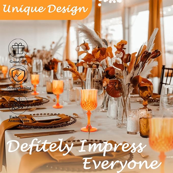 Plastic Wine Glasses，Plastic Goblets Vintage Style Cordial Drinking Glasses for Wedding Reception, Grand Event Party Supplies (12, Pumpkin orange)