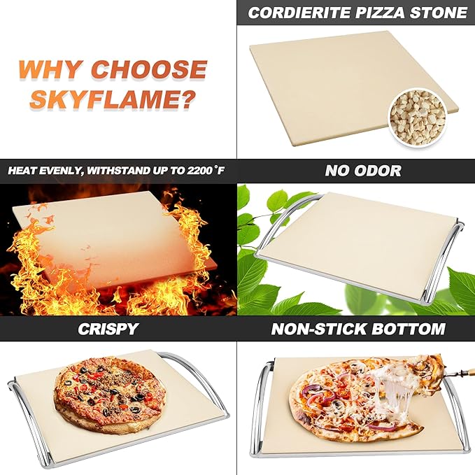 Skyflame 16” Rectangle Pizza Stone and Stainless Steel Rack with Handle, Heavy Duty Baking Stone Ideal for Most Charcoal/Gas Grills, Pizza Oven and Smoker