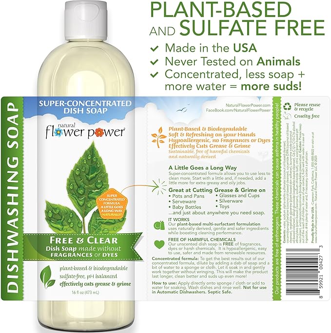 Liquid Dish Soap – Free & Clear (Unscented) – Plant-Based & Scented w/ Pure Essential Oils – Natural Dishwashing Detergent – Sulfate-Free Kitchen Soap – Vegan (16 Fl Oz 3 Pack)