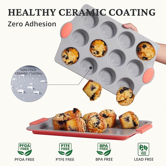 BRONYPRO Ceramic Muffin Pan, 12-Cup Nonstick Aluminized Steel Cupcake Pans, Healthy Non-Toxic Ceramic Coating Muffin tin, 2 Pack Cup Cake Pans for Baking Coral