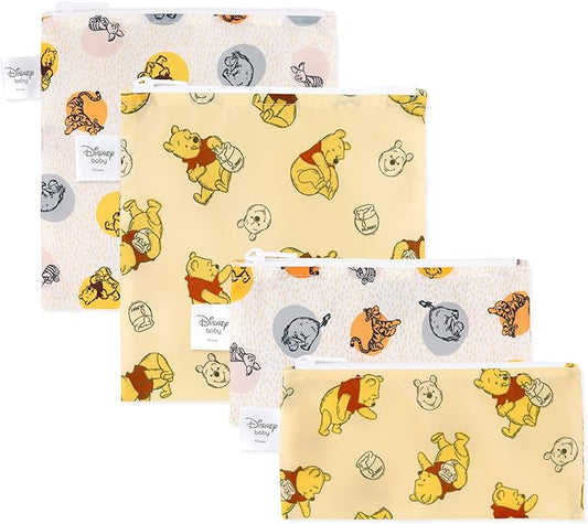 Bumkins - Cloth Snack & Sandwich Bags - For Storage, Travel, Food Prep, Lunch - Reusable, Water Resistant, Washable, Dishwasher Safe - Snack Bags for Kids - Zipper Closure - Winnie the Pooh - 4 Pack