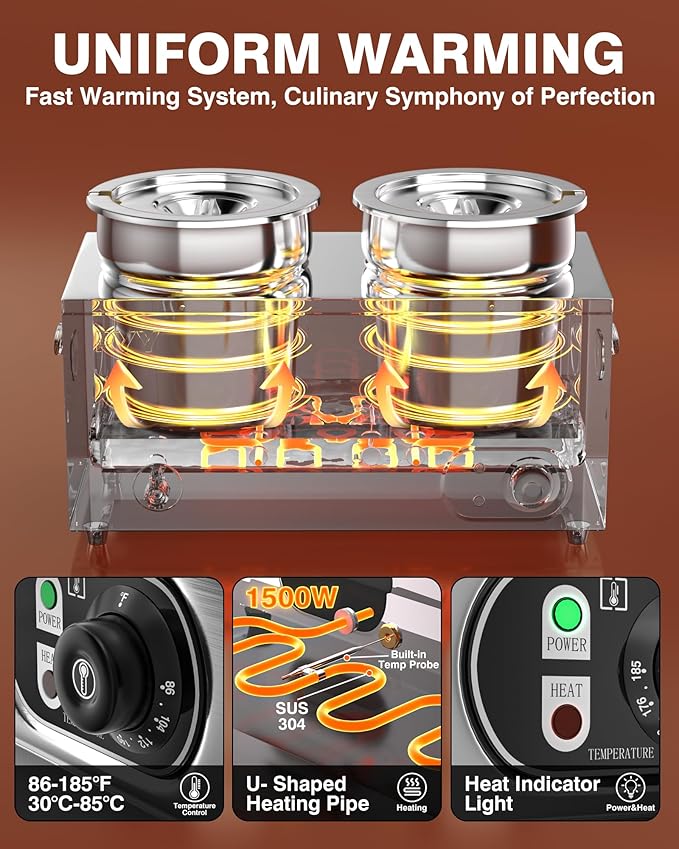 PYY Soup Warmer Commercial - Two 7.4QT Stainless Steel Bain Marie Round Pot 86~185°F Adjustable Temp, 1500W Electric Soup Warmer Countertop with Anti-Dry Burn and Reset Button for Restaurant, Buffet