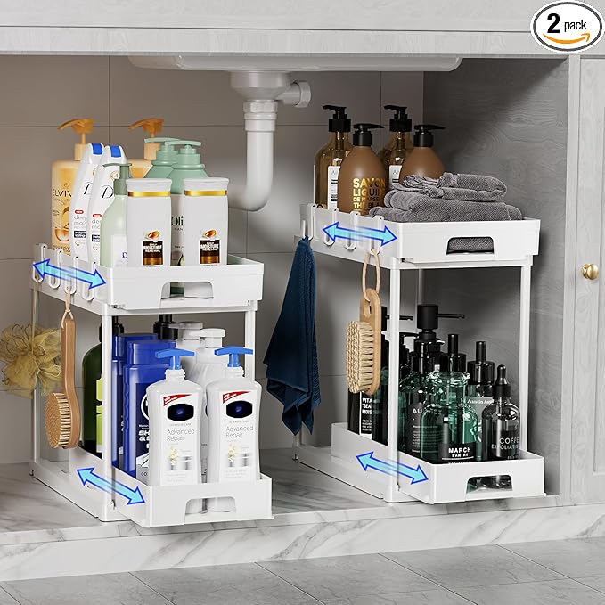 Delamu Under Sink Organizers and Storage, 2 Pack Pull Out Kitchen Bathroom Cabinet Organizer, 2 Tier White Under Sink Storage for Bathroom Kitchen, Under Counter Storage Organizer with 8 Hooks