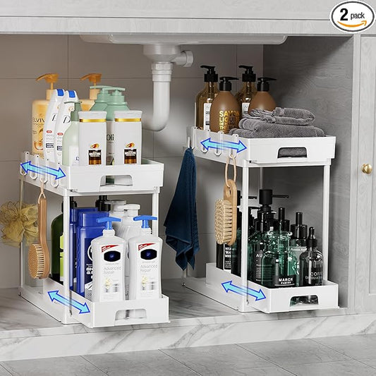 Delamu Under Sink Organizers and Storage, 2 Pack Pull Out Kitchen Bathroom Cabinet Organizer, 2 Tier White Under Sink Storage for Bathroom Kitchen, Under Counter Storage Organizer with 8 Hooks