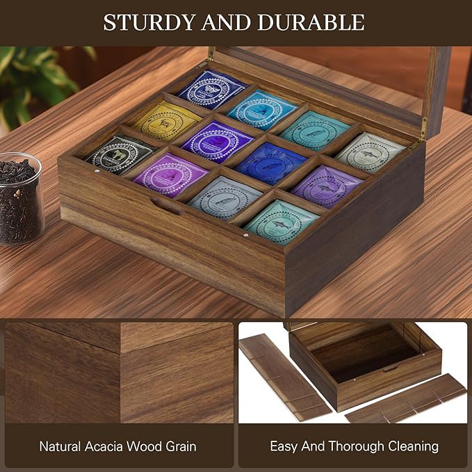 Acacia Wood Tea Bag Organizer, 12 Compartments Tea Box Organizer Storage Box, Teabag Holder Organizers with Clear Acrylic Window, Magnetic Lid and Removable Dividers